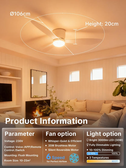 42 inch plafondventilatoren met verlichting en afstandsbediening, omkeerbare gelijkstroommotor, plafondventilatoren met stille lampen, 6 snelheden met timer, 3 CCT selecteerbaar, modern