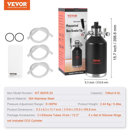 VEVOR Beer Growler Tap System, 120 oz 4L Mini Fat, 304 Roestvrij Staal Onder Druk Bier Growler, Keg Growler met Drukweergave, CO2 Regulator Kraan, Lekvrije Ring Voor Tocht, Homebrew, Craft Bier