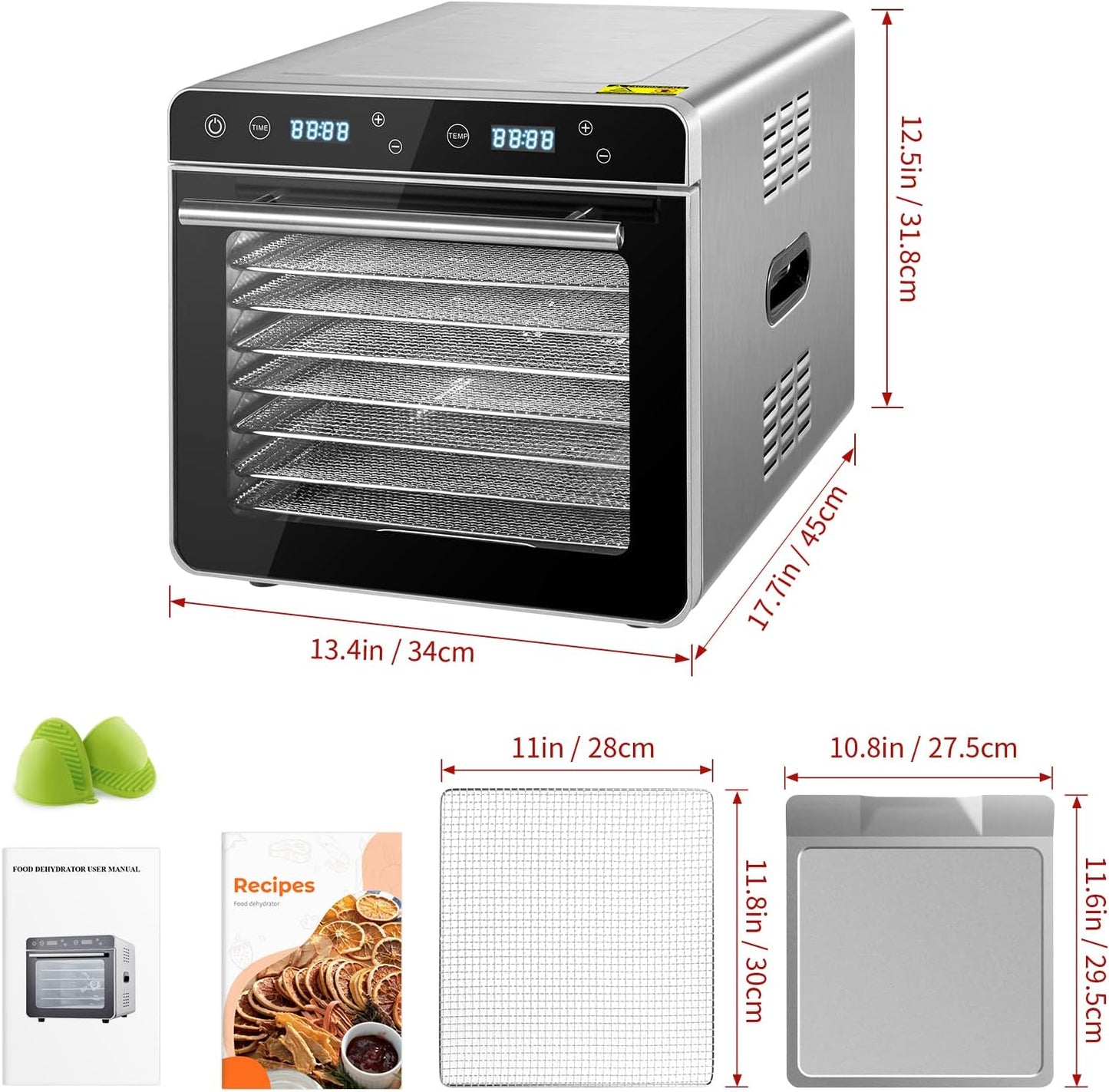 Kwasyo Voedseldroger van roestvrij staal, 0,67 m², 8 roestvrijstalen tablets, led-display, 24-uurs timer, instelbare temperatuur 35 °C - 85 °C, voor vlees, groenten en fruit