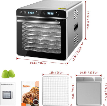 Kwasyo Voedseldroger van roestvrij staal, 0,67 m², 8 roestvrijstalen tablets, led-display, 24-uurs timer, instelbare temperatuur 35 °C - 85 °C, voor vlees, groenten en fruit