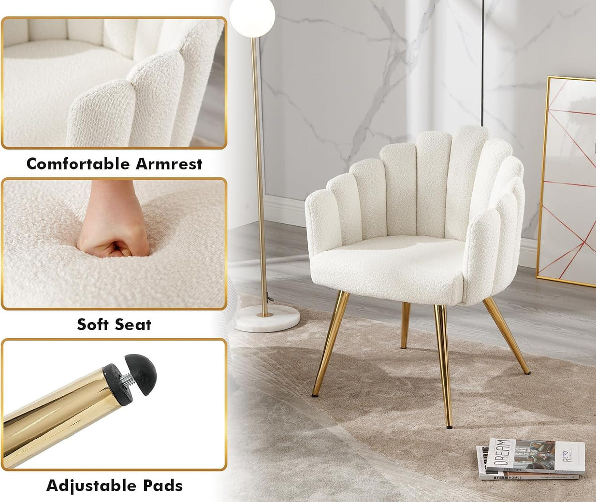 chairus Armchair Faux Fur Lounge Chair Living Room Upholstered Dressing Table Chair Bedroom Modern Accent Chair with Metal Legs White