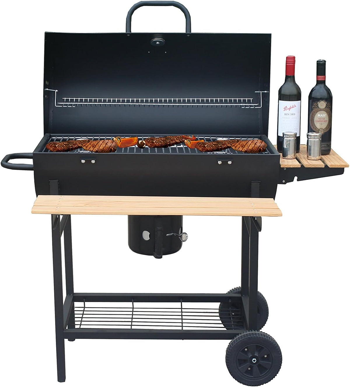 Barbecuewagen, houtskoolgrill, houtskool met wielen, antraciet staande grill, grillhaard incl. geïntegreerde thermometer en ventilatieschuiver, tuingrill, grilloppervlak: 70 x 38,5 cm