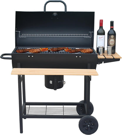 Barbecuewagen, houtskoolgrill, houtskool met wielen, antraciet staande grill, grillhaard incl. geïntegreerde thermometer en ventilatieschuiver, tuingrill, grilloppervlak: 70 x 38,5 cm