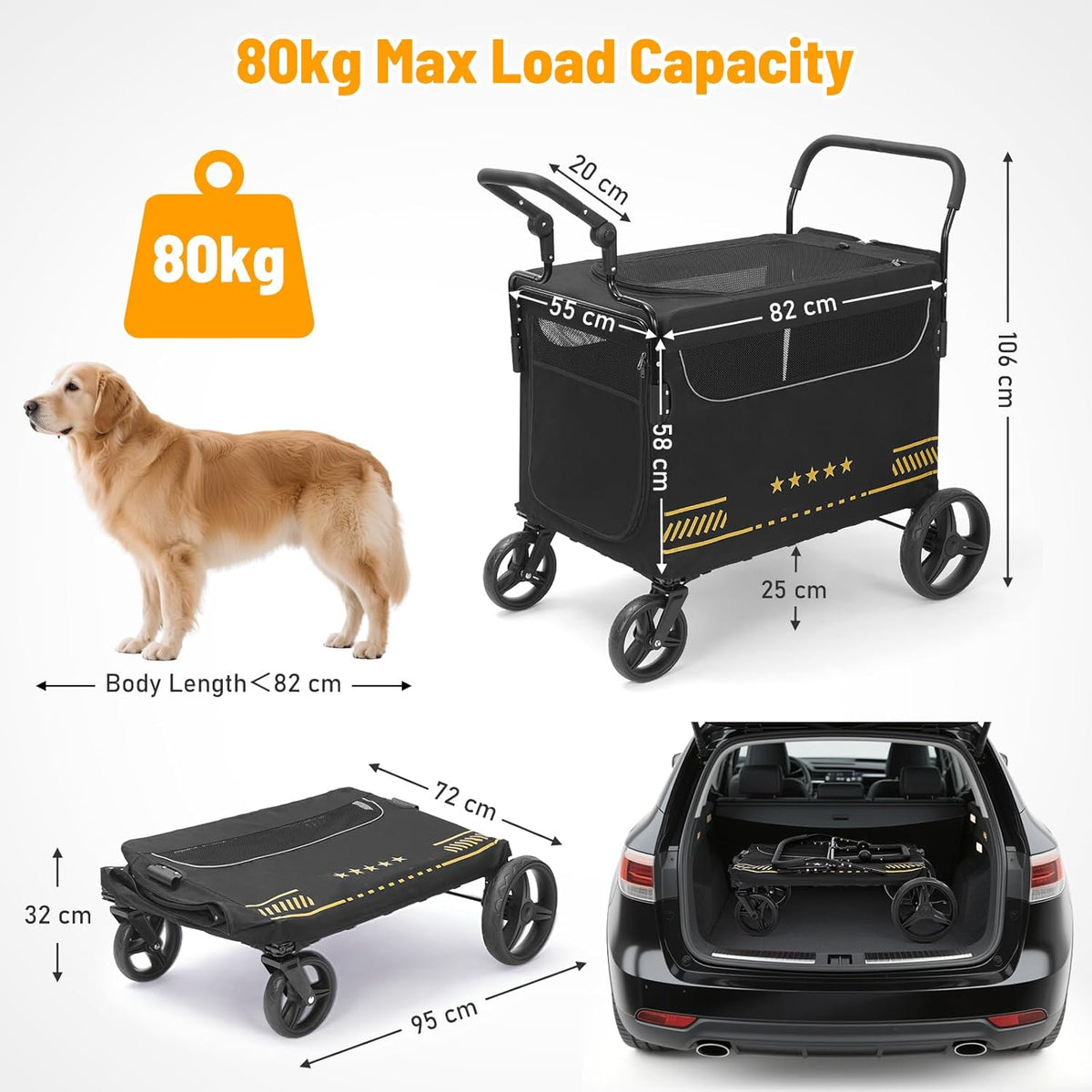 Heavy Duty hondenkinderwagen met opvouwbare helling, gemakkelijke toegang voor oudere of gewonde honden, huisdierbuggy met verstelbare handgrepen, ondersteunt tot 80 kg, zwart