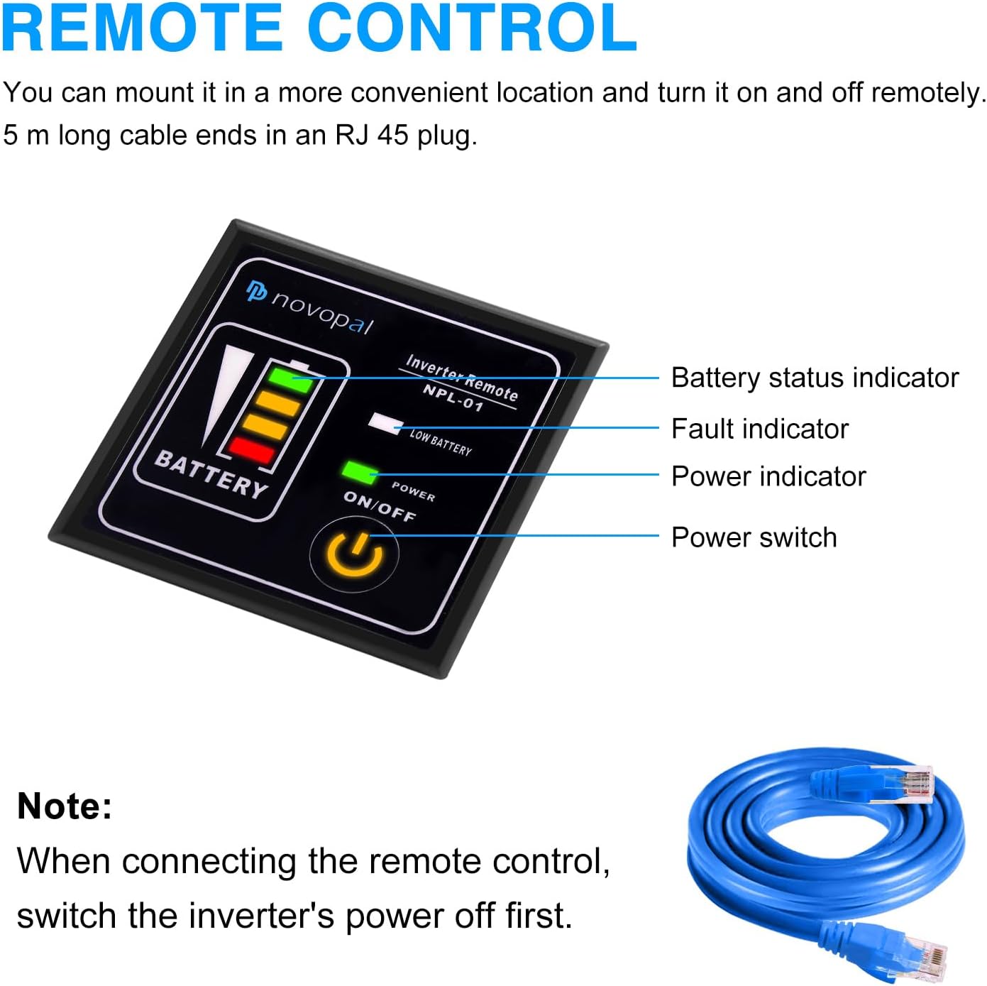 NOVOPAL 3000 W zuivere sinus omvormer 12 V naar 230 V spanningsomvormer power omvormer converter met 5m afstandsbediening LCD-display & 2 EU AC-stopcontacten & 2.1A USB-poorten