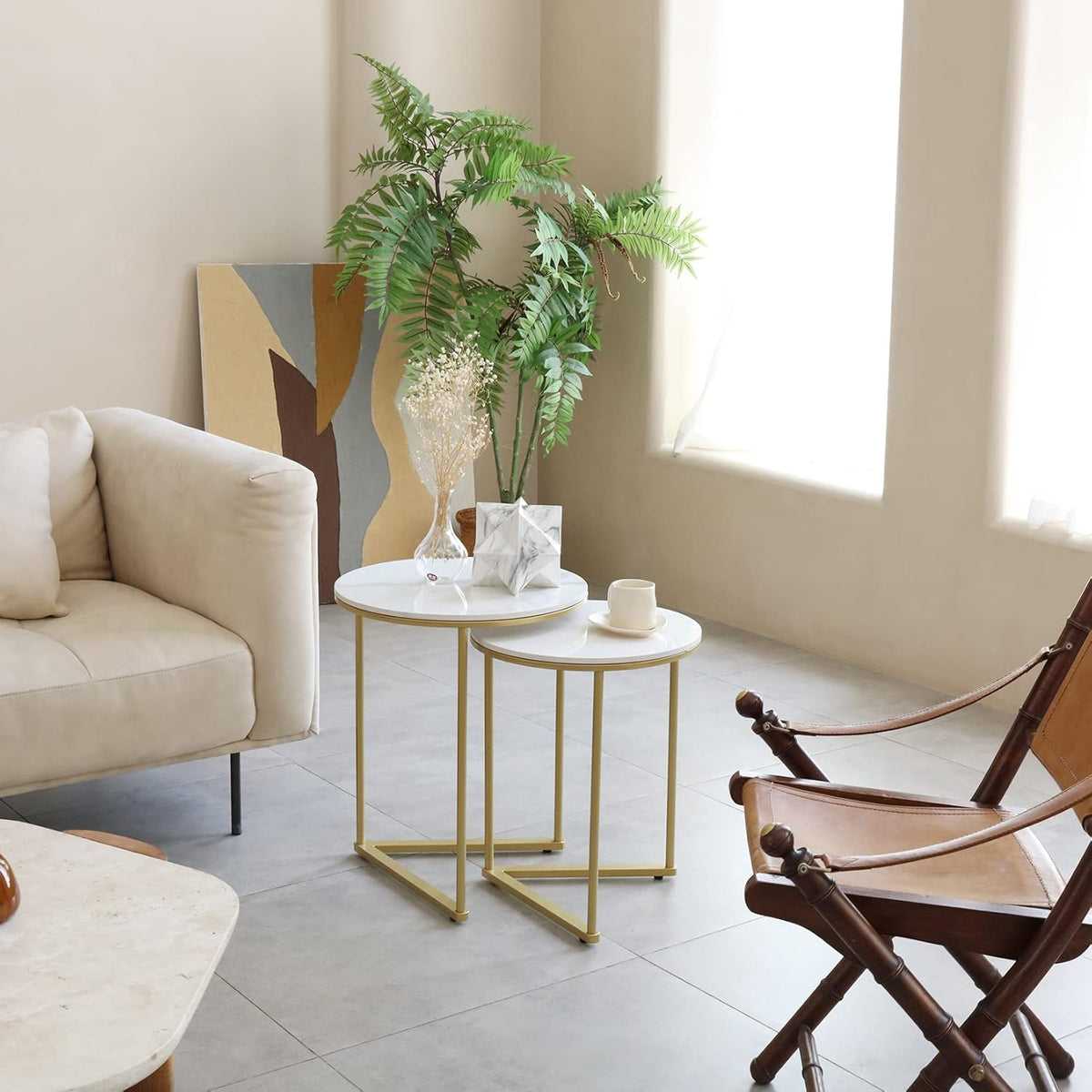 Marmeren Top Bijzettafel Goud: 2 Nesting Kleine Sofa End Tafels Ronde Nachtkastje Nest Sets Hoogglans Gesinterd Stenen Marmeren Tafelblad met Gouden Metalen Benen Geneste Accent Tafels voor Woonkamer