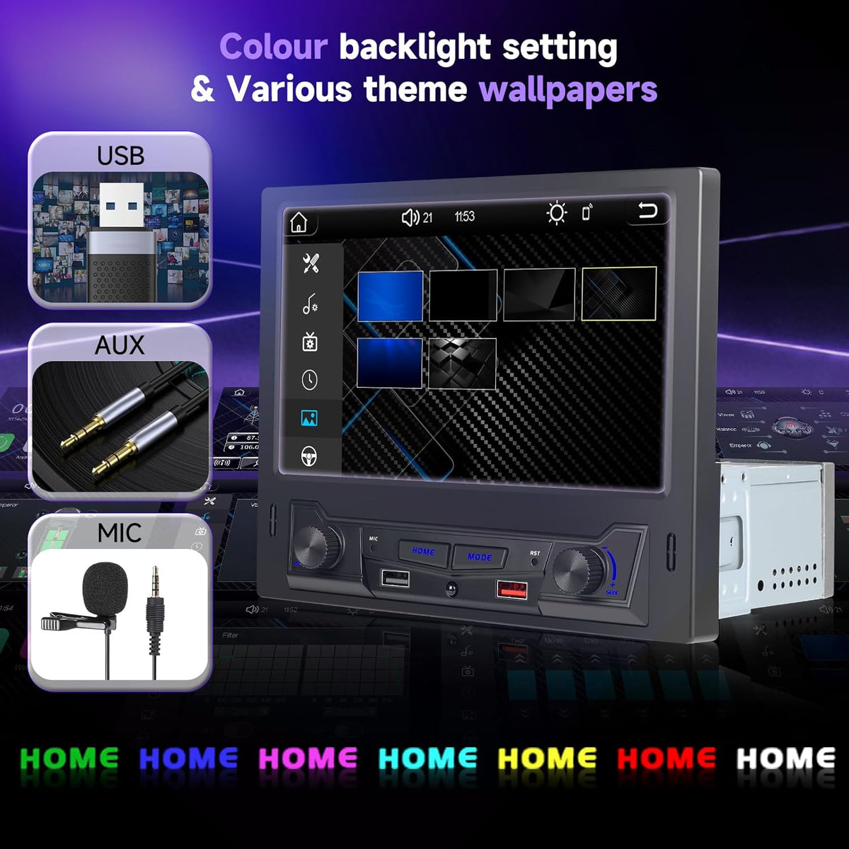 Hodozzy 1 Din Car Radio with Wireless Carplay Android Car, 1 DIN 8 Inch Touch Screen Car Radio with Bluetooth, FM/AM Radio, DSP, AUX, Steering Wheel Remote Control, Dual USB, Video Sync - QUORE