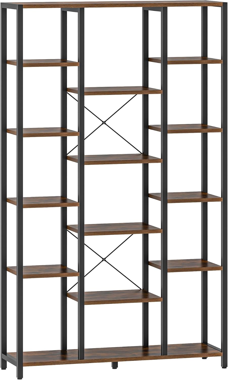 Hzuaneri Bookshelf, 6 Tier Bookcase with 15 Open Shelves, Adjustable Storage Cabinet for Living Room and Home Office, 30 x 100 x 170 cm, Rustic Brown and Black, BC15001B
