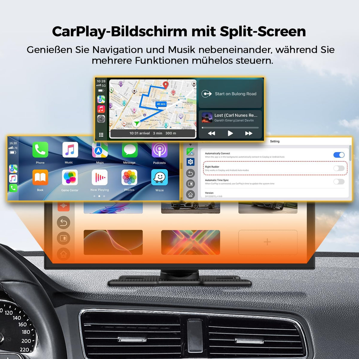 10,25" Draadloos Carplay-scherm Voor Auto Met 2,5K + 1080P Dashcam En Achteruitrijcamera Ondersteunt AppIe Carplay En Android Auto Draagbare Carplay Spraakassistent Mirrorlink Navigatie Bluetooth AUX