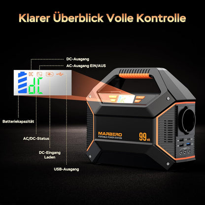 MARBERO 99Wh draagbaar powerstation, lithiumbatterij, noodstroom, 150 W, Max zonne-generator met LED-lamp voor outdoor, camping, camper, huis, noodgevallen