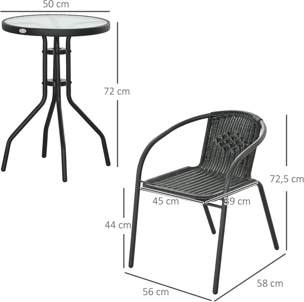 Tuinstoelen - Tuinmeubelenset - Tuin Eettafelstoelen - Rotan Bistroset - Moderne Stijl - Stapelbaar - Weerbestendig - Stabiel - Onderhoudsvriendelijk - 50 x 72 cm Tafel - 56 x 58 x 72.5 cm Stoel - Zwart