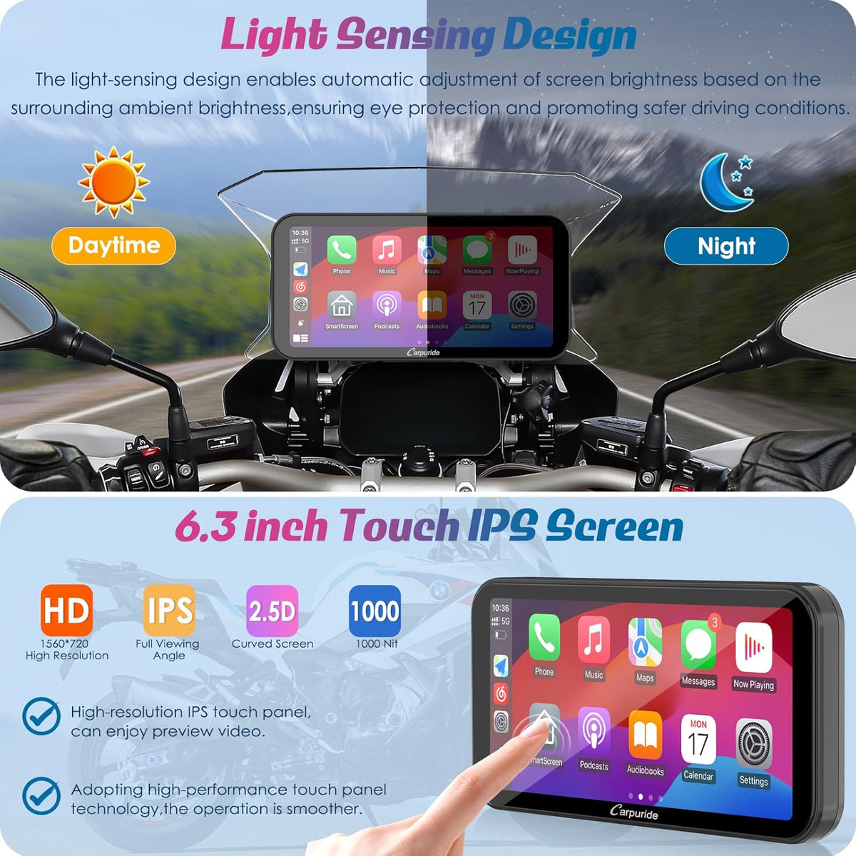 Carpuride W603B voor BMW R1200GS R1250GS S1000XR Motorfiets Carplay Scherm Waterdicht 6.3 Inch Touchscreen GPS Navigatie Carplay/Android Auto Draagbare voor Motorfiets