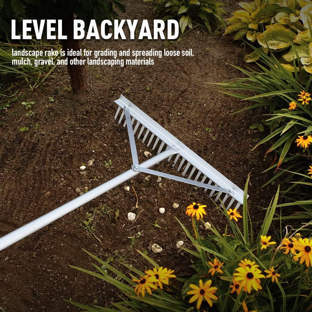 Tuinhark - Landschapshark - Bladharken - Screening Rake - 24 Tines - 24inch Head - 68inch Handvat - voor Strand - Gazon Onderhoud - Aluminium - Zilver