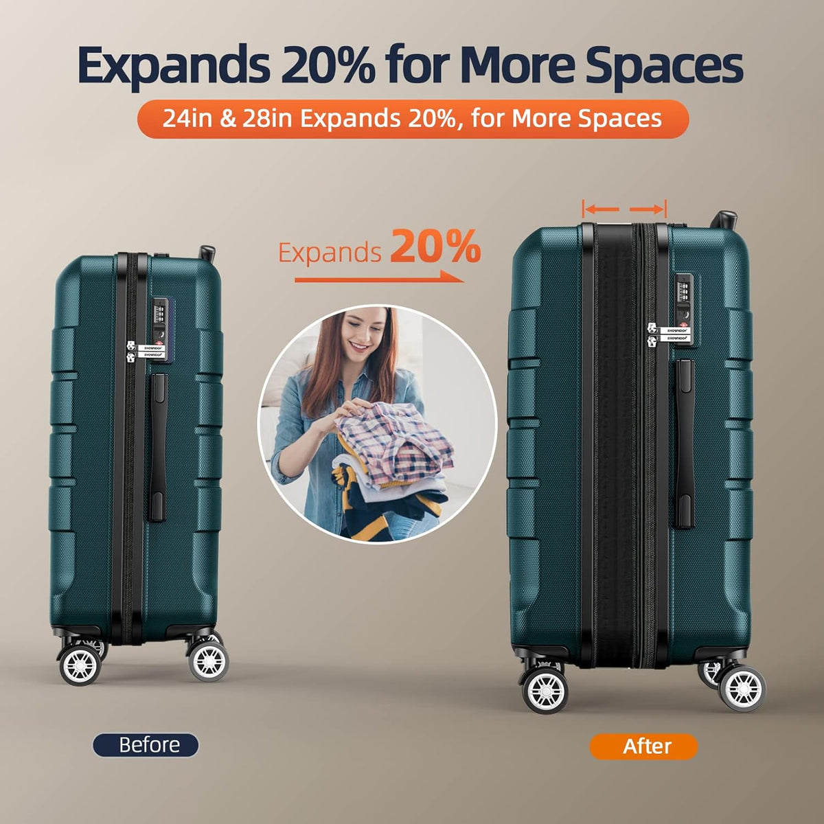 SHOWKOO Kofferset Uitbreidbaar Reiskoffer PC+ABS Hardschalige Carry on Lichtgewicht Duurzaam Trolley Reizen Cabine Koffer Bagage met Spinner Wielen TSA Slot