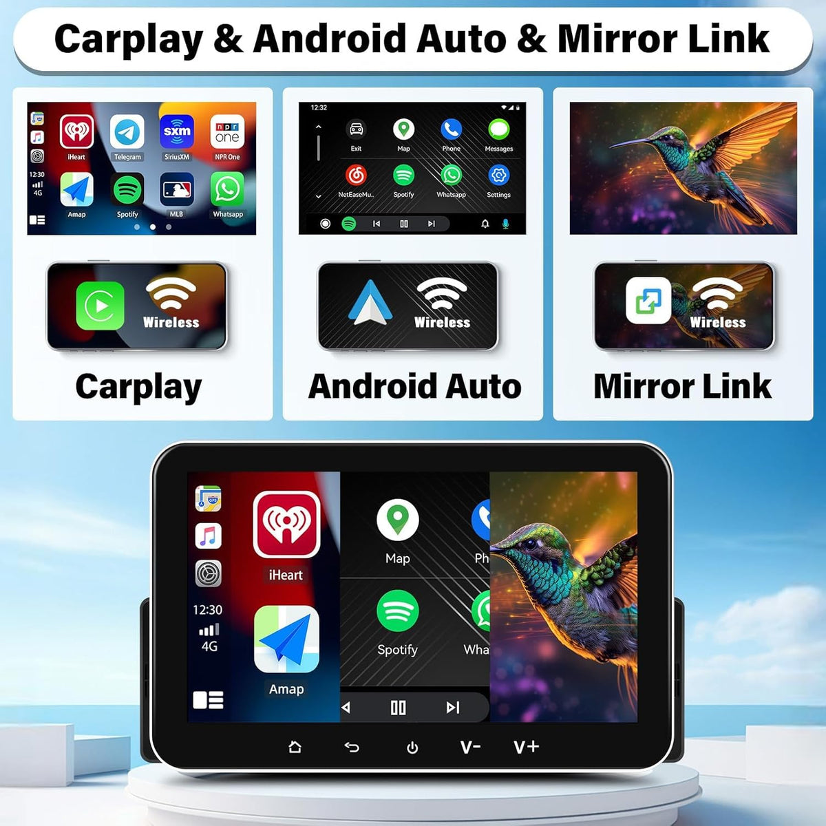 Autoradio 1 Din Android 13 (2G+32G) met Dab+ 7 inch IPS-touchscreen,Draadloze CarPlay, Android Auto, GPS, Bluetooth, Mirror Link, FM/RDS, SWC, Dubbel scherm,USB + microfoon, Achteruitrijcamera