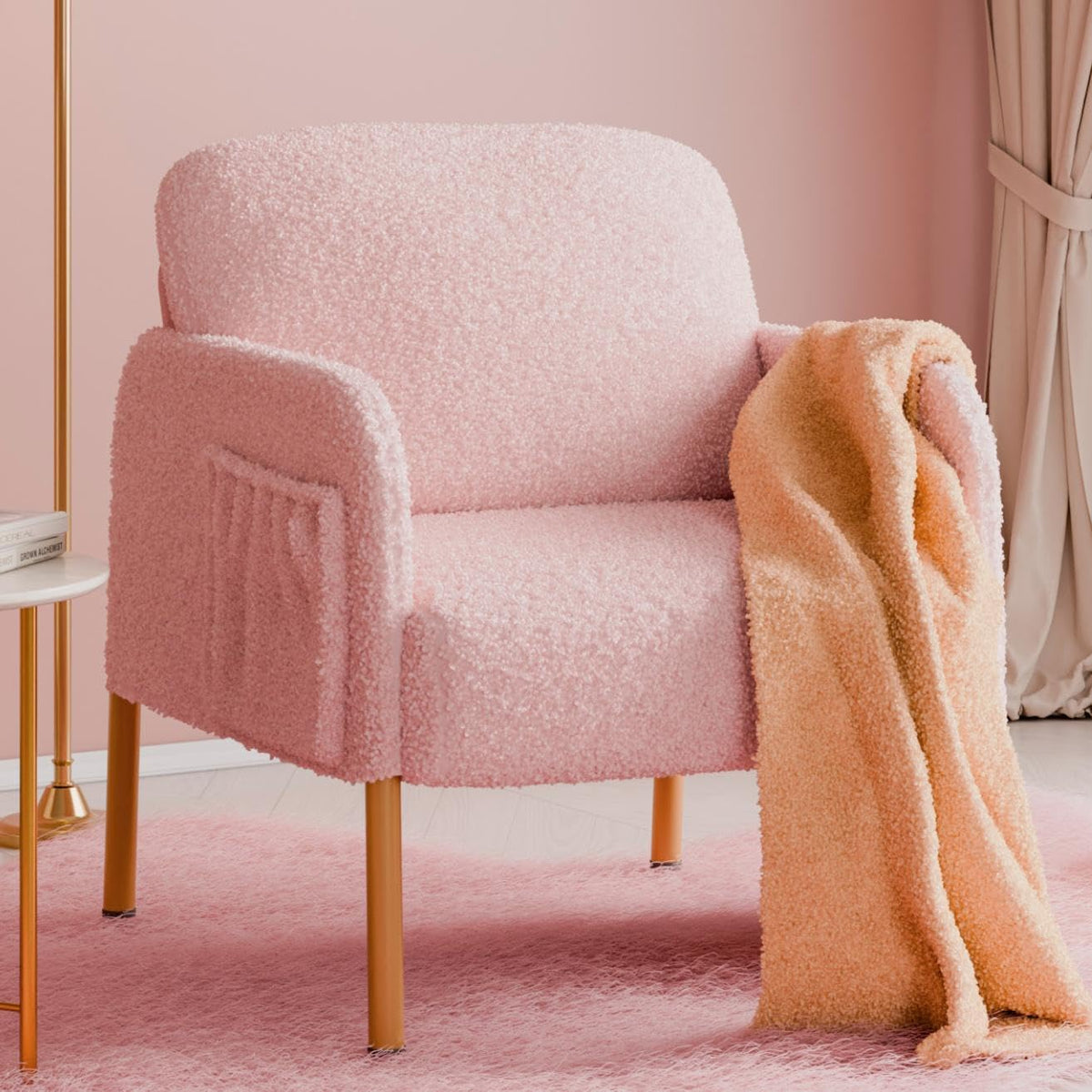 Mondeer Armchair Accent Chair with Storage Bag and Metal Legs, Soft Imitation Lambswool Fabric for Living Room, Bedroom, Reading Reception, Lounge, 63 x 75 x 75 cm, Pink
