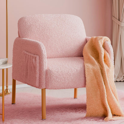 Mondeer Armchair Accent Chair with Storage Bag and Metal Legs, Soft Imitation Lambswool Fabric for Living Room, Bedroom, Reading Reception, Lounge, 63 x 75 x 75 cm, Pink