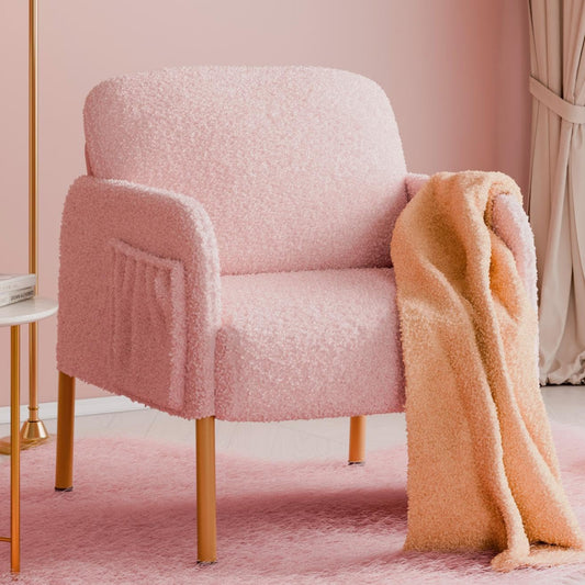 Mondeer Armchair Accent Chair with Storage Bag and Metal Legs, Soft Imitation Lambswool Fabric for Living Room, Bedroom, Reading Reception, Lounge, 63 x 75 x 75 cm, Pink