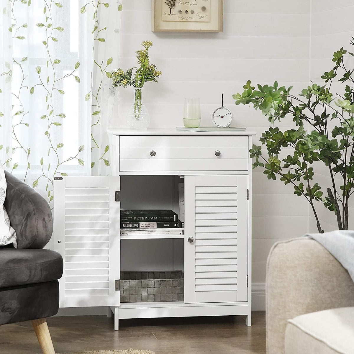 WeHome Jessica Ruimtebesparende badkamerkast, staande kast met verstelbare plank, wit, 60 x 35 x 87 cm, houten kast met 2 deuren en lade bovenaan (wit)