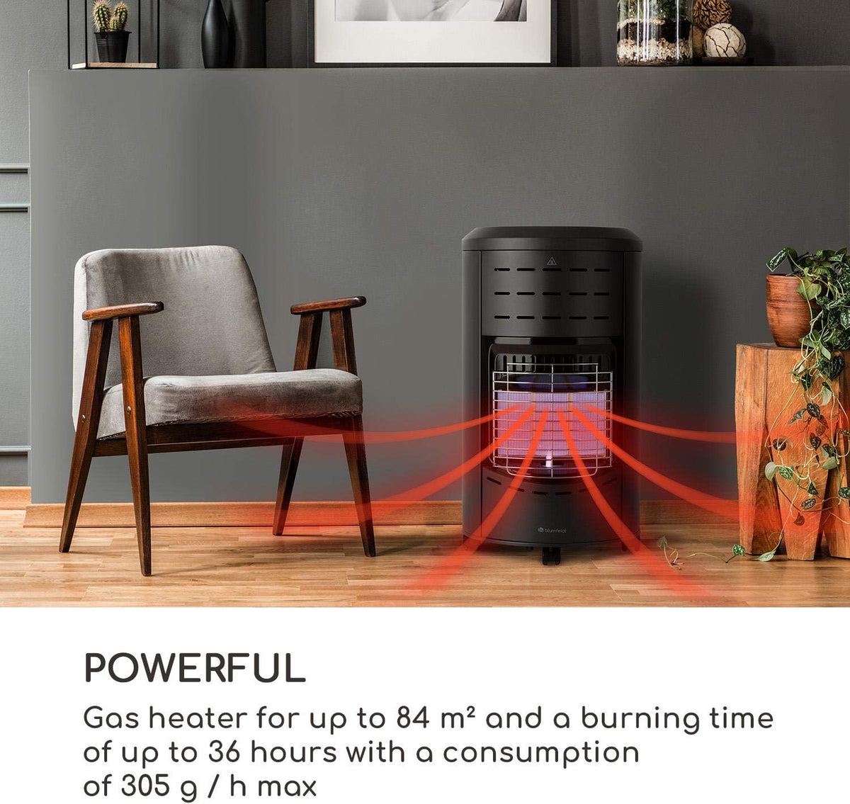 blumfeldt Andora gaskachel - drie verwarmingsniveaus 1,6/2,6/4,2 kW, tot 11 kg gasflessen, verwarmingsoppervlak: tot 84 m², incl. slang en drukregelaar, vlambeveiliging, O2Guard-systeem, zwart