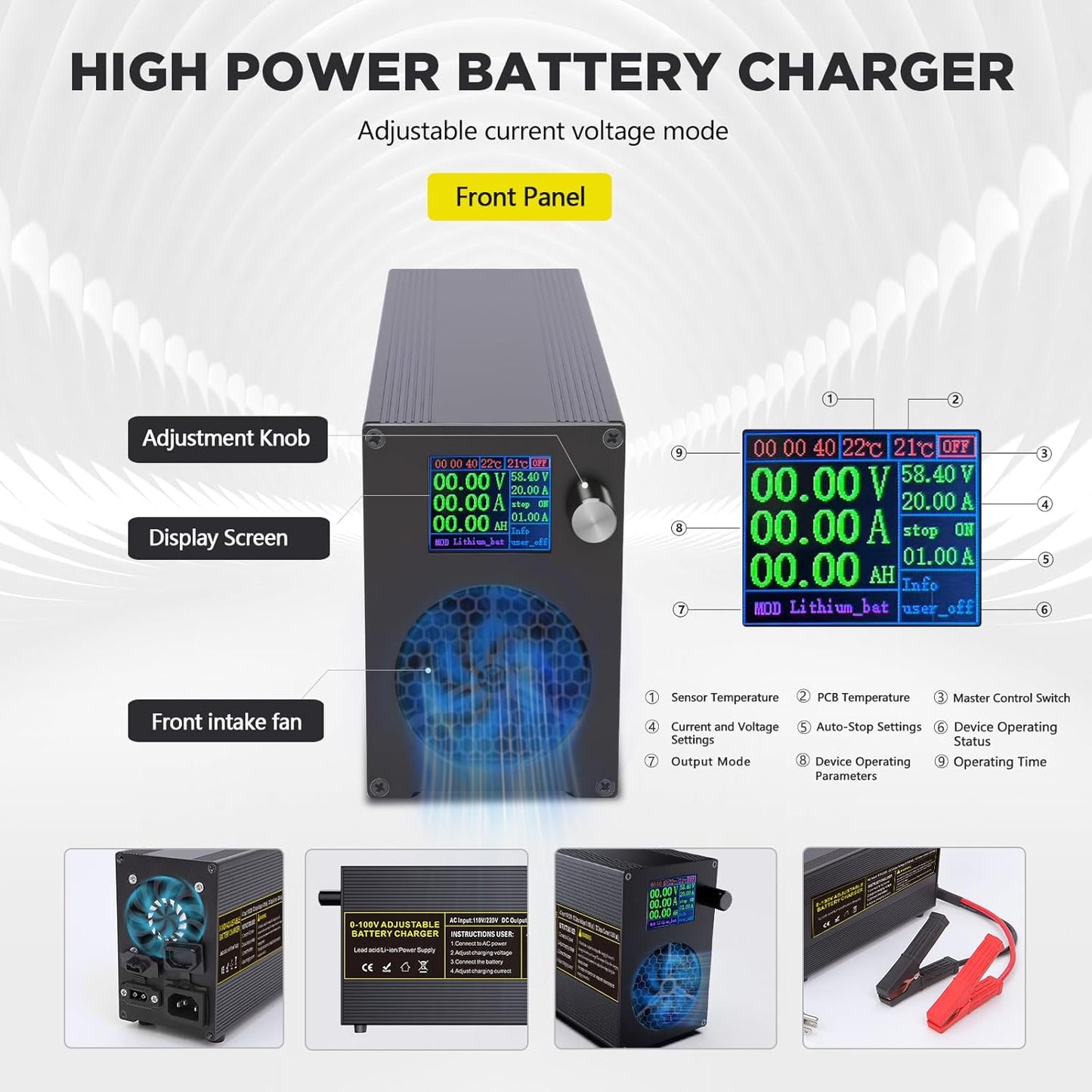 Acculader – Oplader – Druppellader – Onderhoudslader – Batterijlader – Instelbaar 0-100V 0-20A – Intelligenten Kleurendisplay