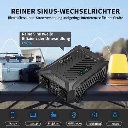 Power Inverter 12V/24V 220/230/240V Zuivere Sinus – Omvormer – Spanningsomvormer – Converter – Inverter – Intelligent Detectiesysteem 12V/24V – 1500W/3000W, 2 AC-Stopcontacten, Type C, USB-Poort, LCD-Display