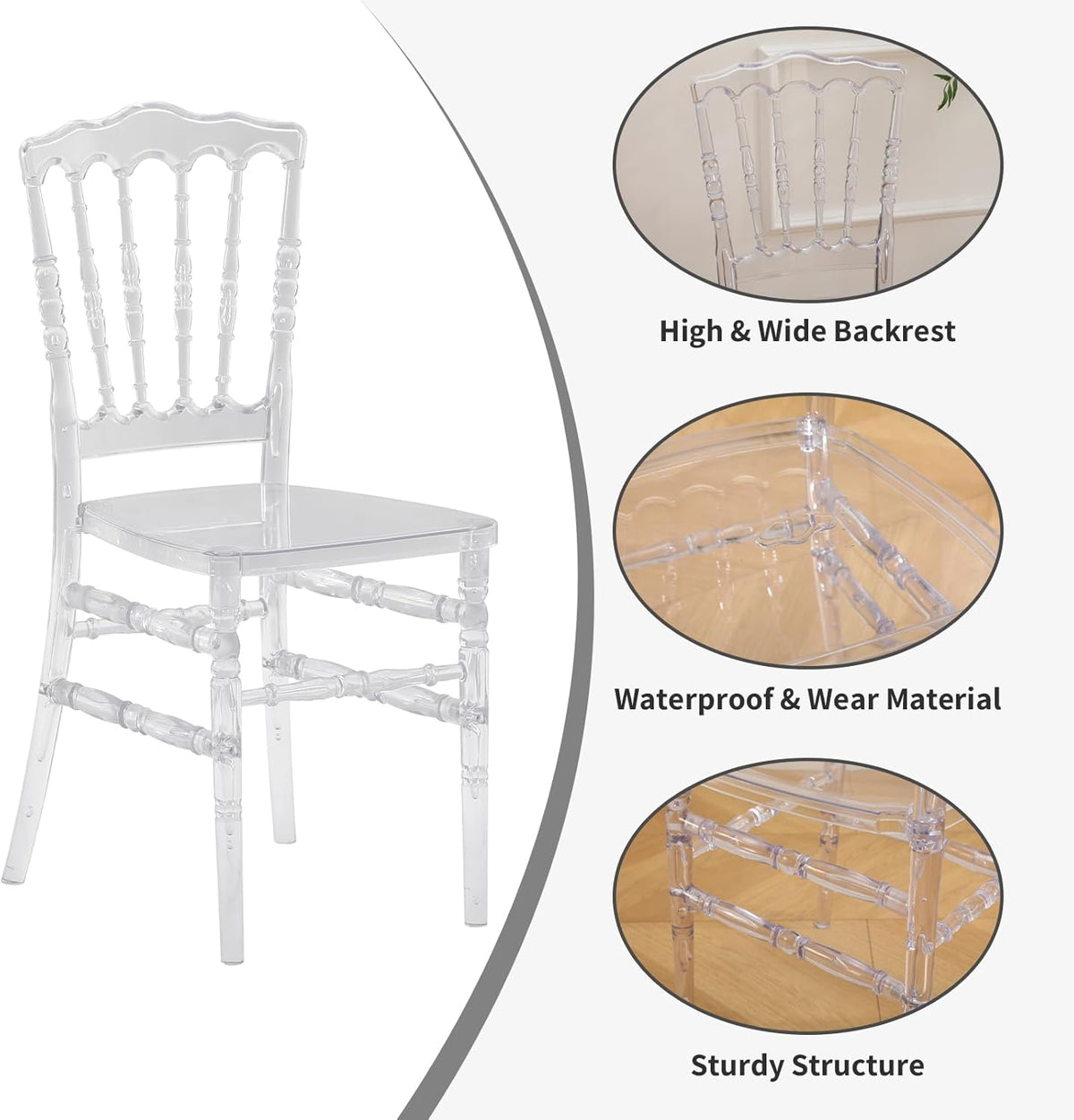 Clear Napoleon Stoel 2 Pack, Clear Acryl Stoel, Moderne Plastic Eetkamerstoelen, Armloze Transparante Kristallen Stoelen voor Bruiloft, Banket, Feest, Evenement, Keuken