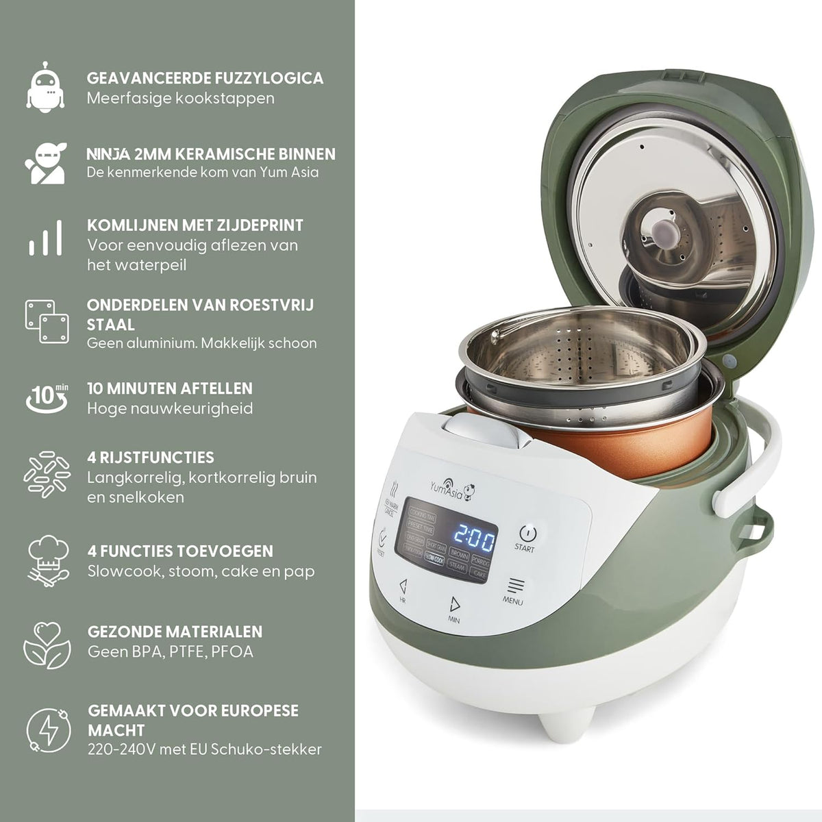 Yum Asia Panda Mini Rijstkoker Met Ninja Keramische Kom en Advanced Fuzzy Logic (3,5 kop, 0,63 liter) 4 Rijstkookfuncties, 4 Multicooker-functies, LED-display, 220-240V (Wit en saliegroen)
