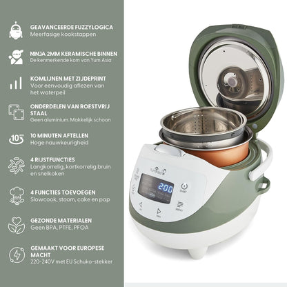 Yum Asia Panda Mini Rijstkoker Met Ninja Keramische Kom en Advanced Fuzzy Logic (3,5 kop, 0,63 liter) 4 Rijstkookfuncties, 4 Multicooker-functies, LED-display, 220-240V (Wit en saliegroen)