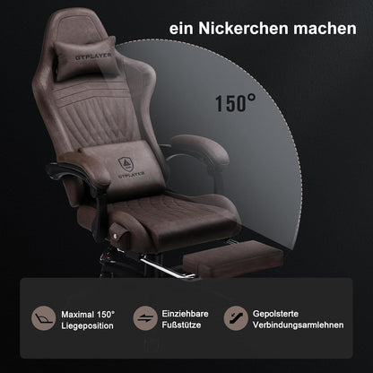 GTPLAYER Leather Game Chair, Ergonomic Game Chair, Desk Chair with Footrest, Speaker, Adjustable Headrest and Lumbar Support, Tilting Backrest, Light Brown - QUORE