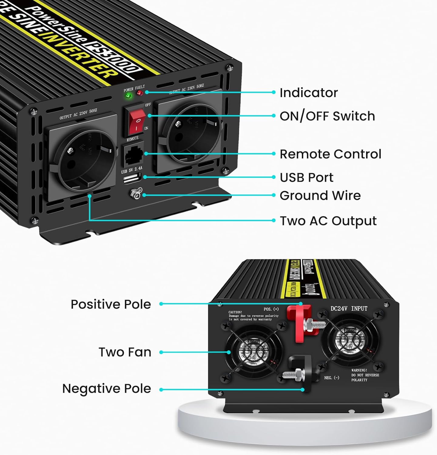novopal Power Inverter Pure Sinusgolf-3000 Watt 24V DC naar 230V/240V AC Converter-2AC EU Outlets Car Inverter met Dua USB Ports-5 Meter Afstandsbediening en Twee Koelventilatoren-Peak Power 6000 Watt