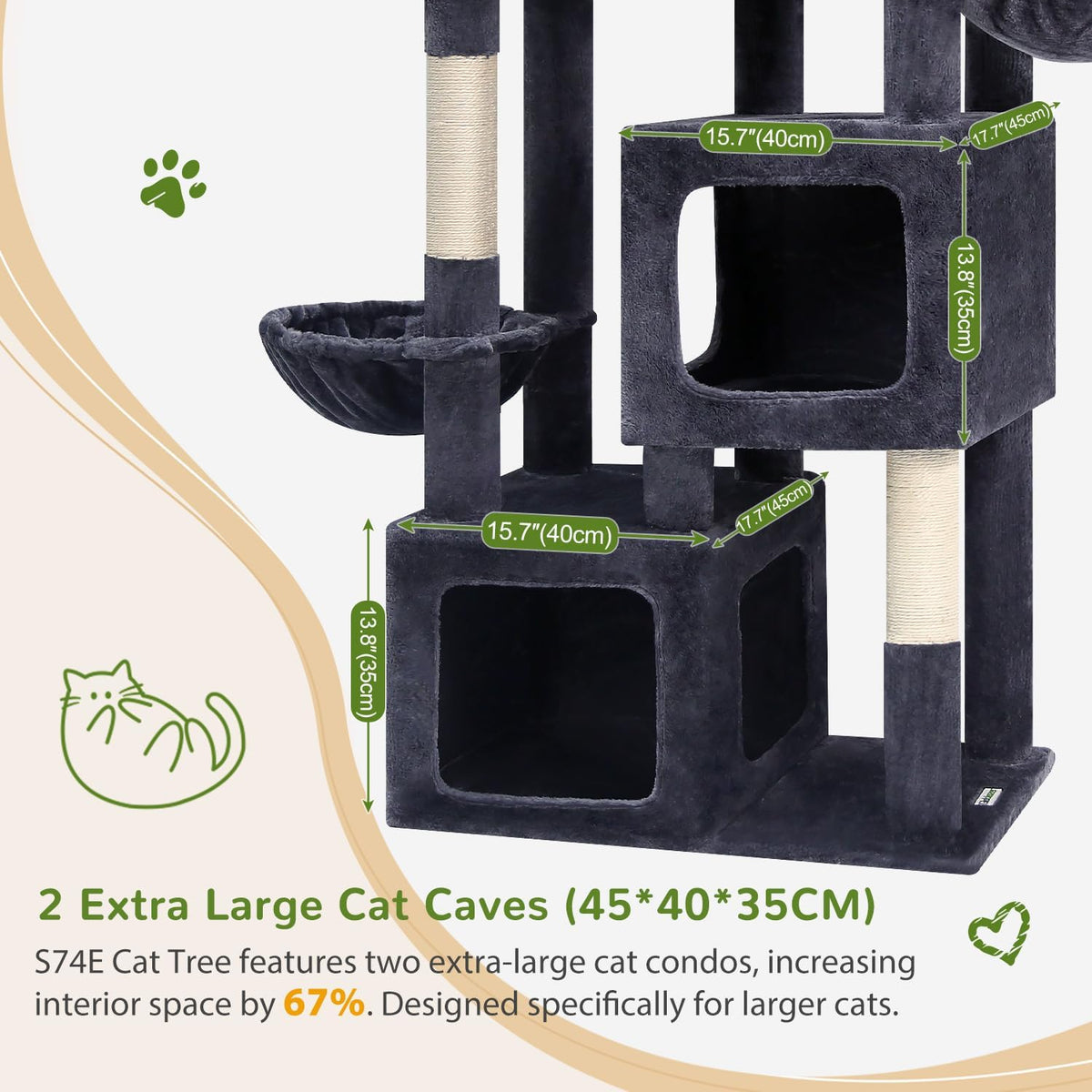Kattenboom – Krabpaal – Kattenmeubel – Klimpaal – XXL Kattenboom – Donkergrijs – Extra Grote Kattenhuizen 45x40x35 cm – 189 cm Hoog Met 3 Brede Platforms