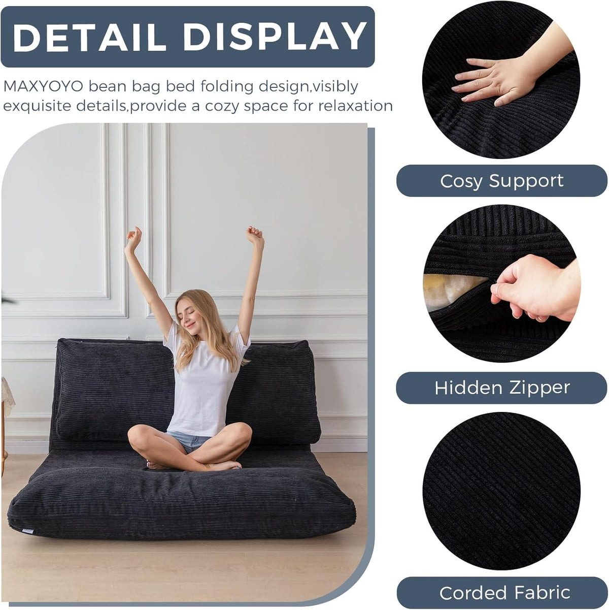 MAXYOYO Opvouwbare zitzak van corduroy met schuimvulling, extra dik, 4 lagen, matras/vloerbank voor volwassenen, afneembare en machinewasbare overtrek, zwart, 100 x 240 cm