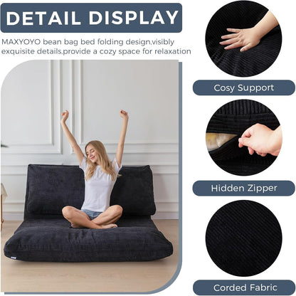 MAXYOYO Opvouwbare zitzak van corduroy met schuimvulling, extra dik, 4 lagen, matras/vloerbank voor volwassenen, afneembare en machinewasbare overtrek, zwart, 100 x 240 cm