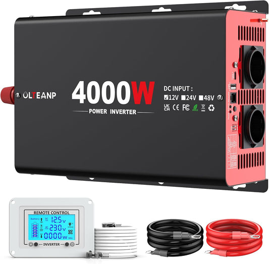 Omvormer, 4000 W, 12 V naar 230 V, gemodificeerde sinusomvormer met 2 AC-uitgangen, 30 W Type-C-poort, 3,1 A USB-poort, afstandsbediening op lcd-scherm, stroomomvormer voor vrachtwagens, huis