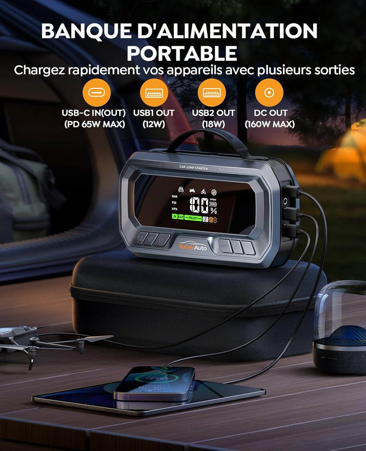 YaberAuto 10-in-1 booster auto accu 7000 A, PD 65 W, compressor 160 psi, 26800 mAh, 600 lm LED, groot scherm starter batterij, met jump starter verlengde kabel voor (alle gas of 12 l diesel)