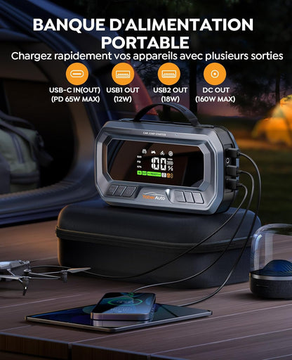 YaberAuto 10-in-1 booster auto accu 7000 A, PD 65 W, compressor 160 psi, 26800 mAh, 600 lm LED, groot scherm starter batterij, met jump starter verlengde kabel voor (alle gas of 12 l diesel)