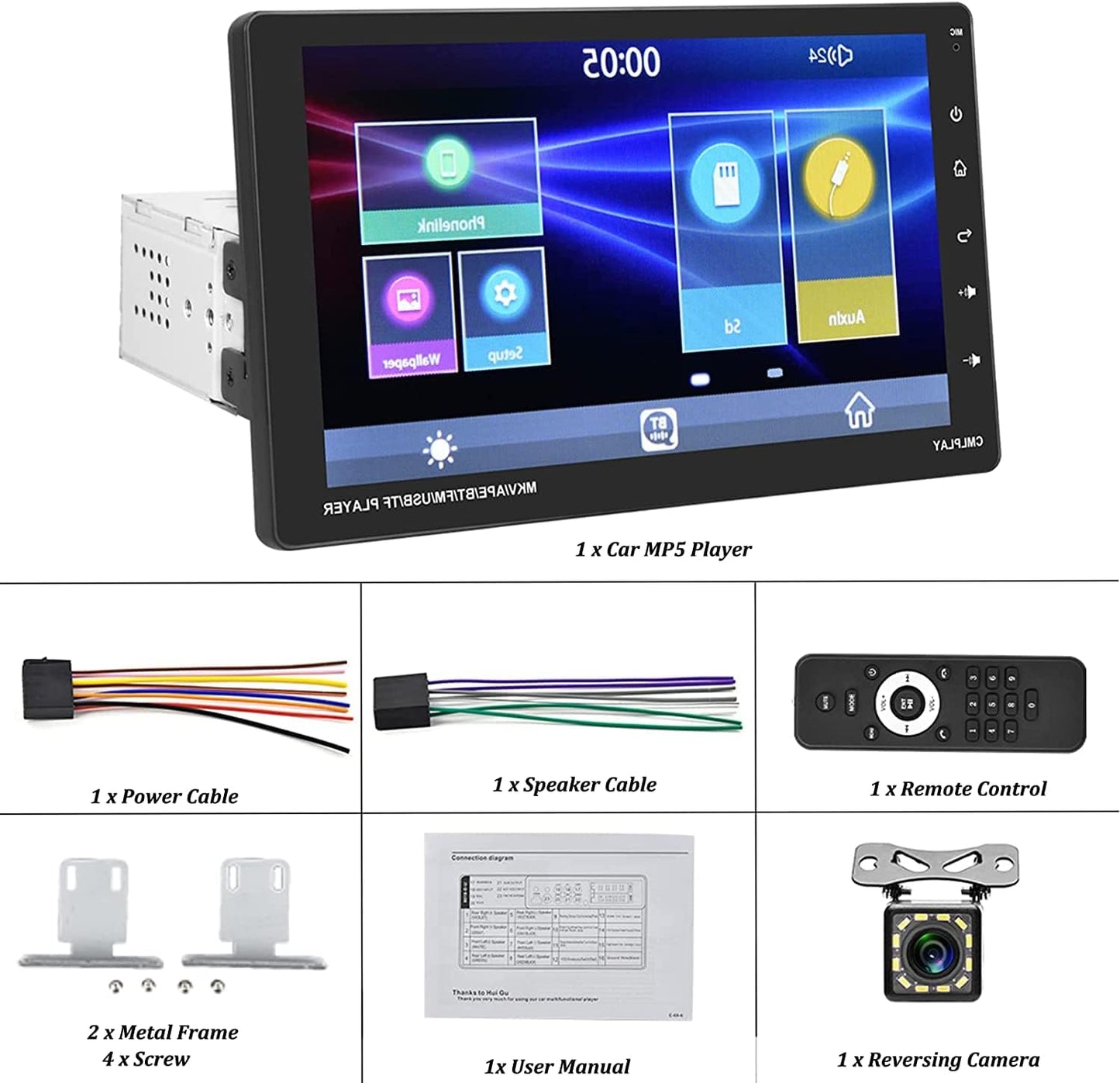 Bluetooth autoradio 1 DIN met Carplay Android Auto, 9 inch afneembaar touchscreen met kleurrijke lichten FM SWC Mirror Link + achteruitrijcamera