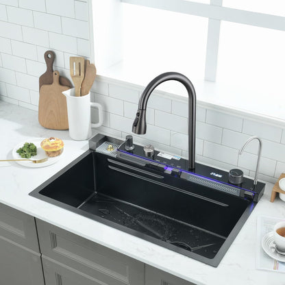 304 Roestvrij Staal Keuken Spoelbak, 75x45x21cm Zwarte Enkele Kom Multifunctionele Waterval Sink