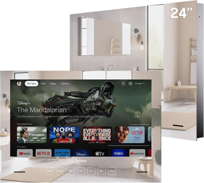 SYLVOX Smart Google Television 1080p FHD 500 nits spiegel, geïntegreerde montage, design tv, IP65 waterdicht, DVB-C/T2/S2, wifi, Bluetooth, voor douche, badkamer