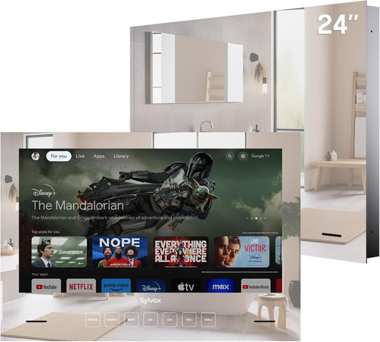 SYLVOX Smart Google Television 1080p FHD 500 nits spiegel, geïntegreerde montage, design tv, IP65 waterdicht, DVB-C/T2/S2, wifi, Bluetooth, voor douche, badkamer
