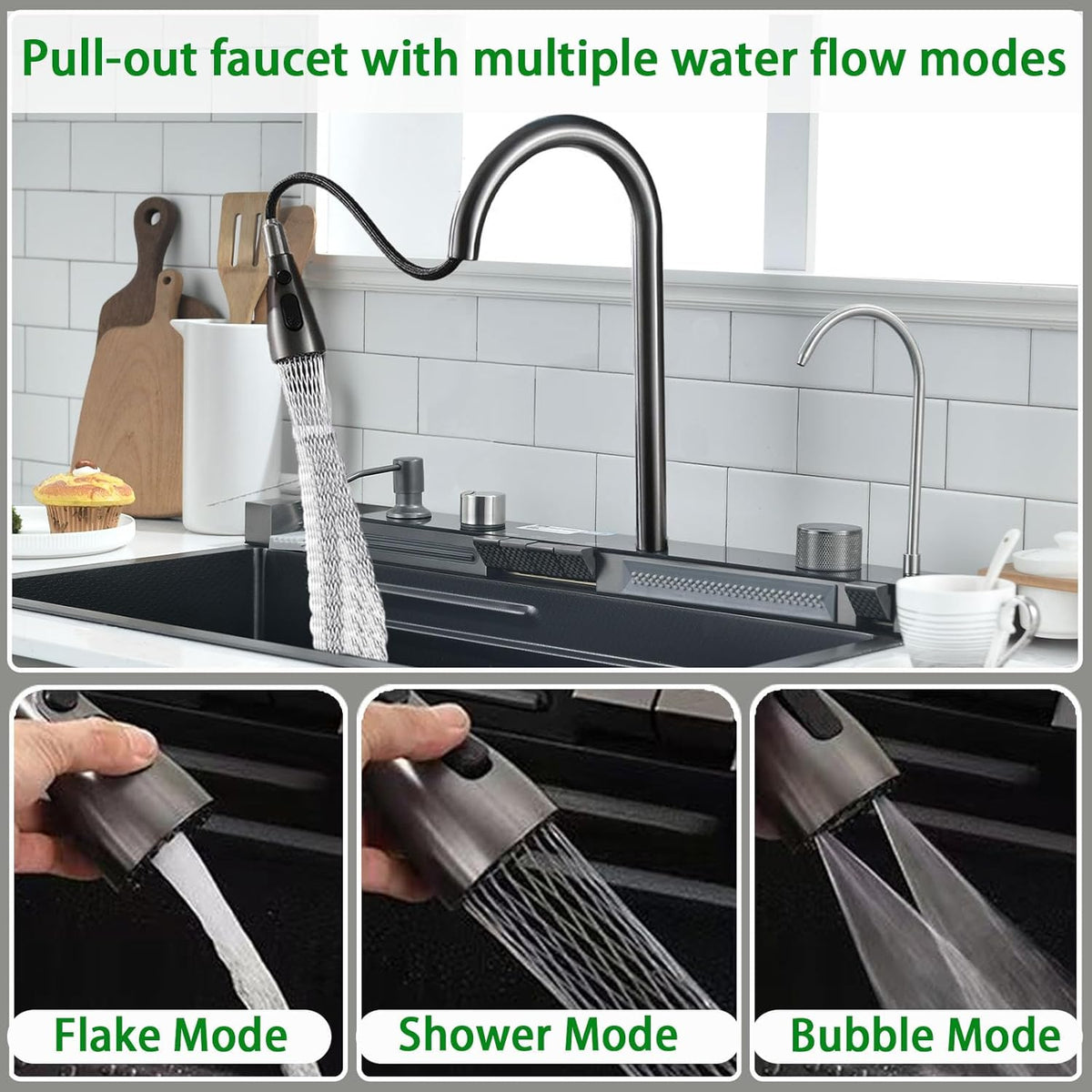 304 Roestvrij Staal Keuken Spoelbak, 75x45x21cm Zwarte Enkele Kom Multifunctionele Waterval Sink