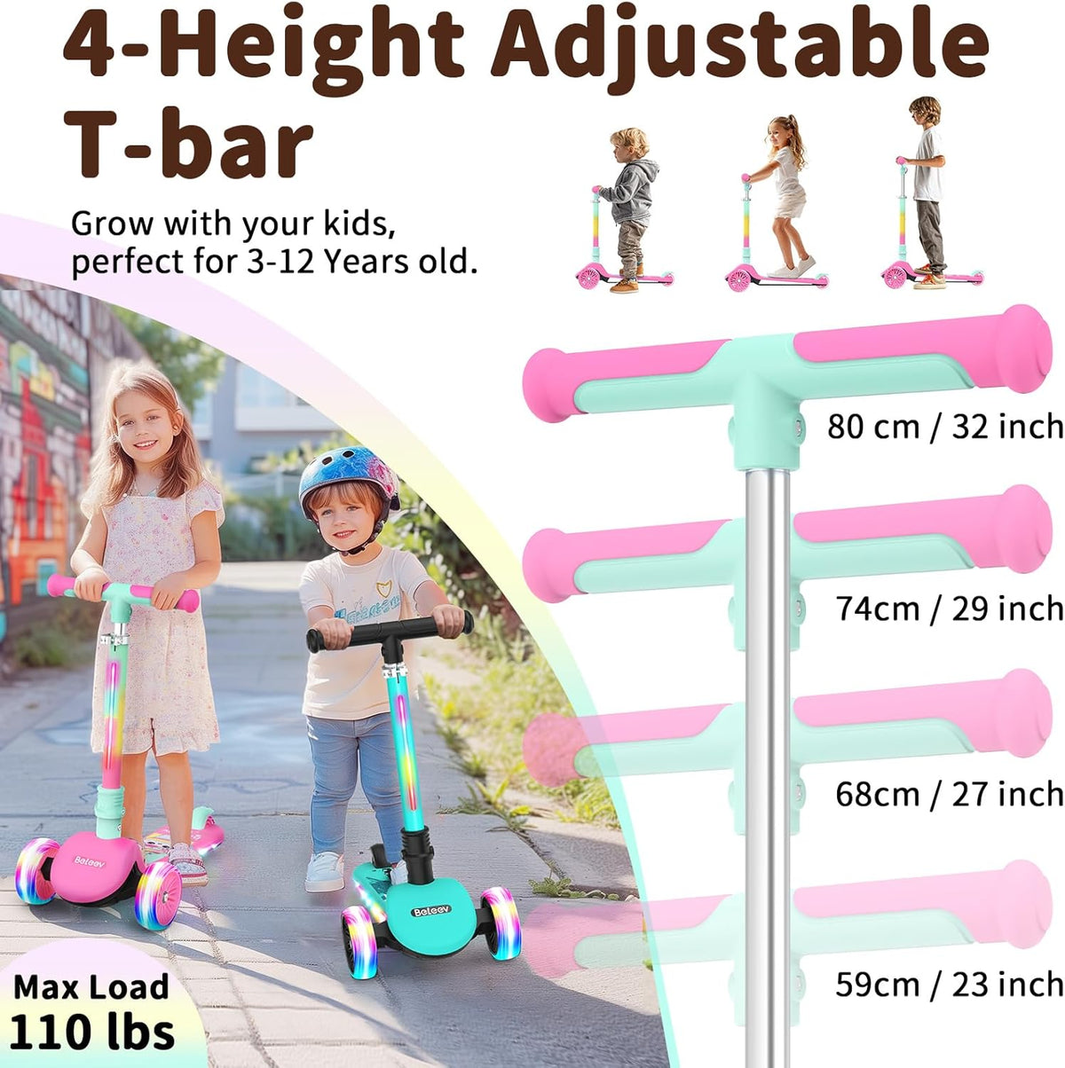 BELEEV A10 Scooter voor kinderen van 3 tot 12 jaar, met ledverlichting, step, dek, inklapbaar, 3 wielen, voor meisjes en jongens, 4 in hoogte verstelbaar, antislip brug, maximale belasting 50 kg