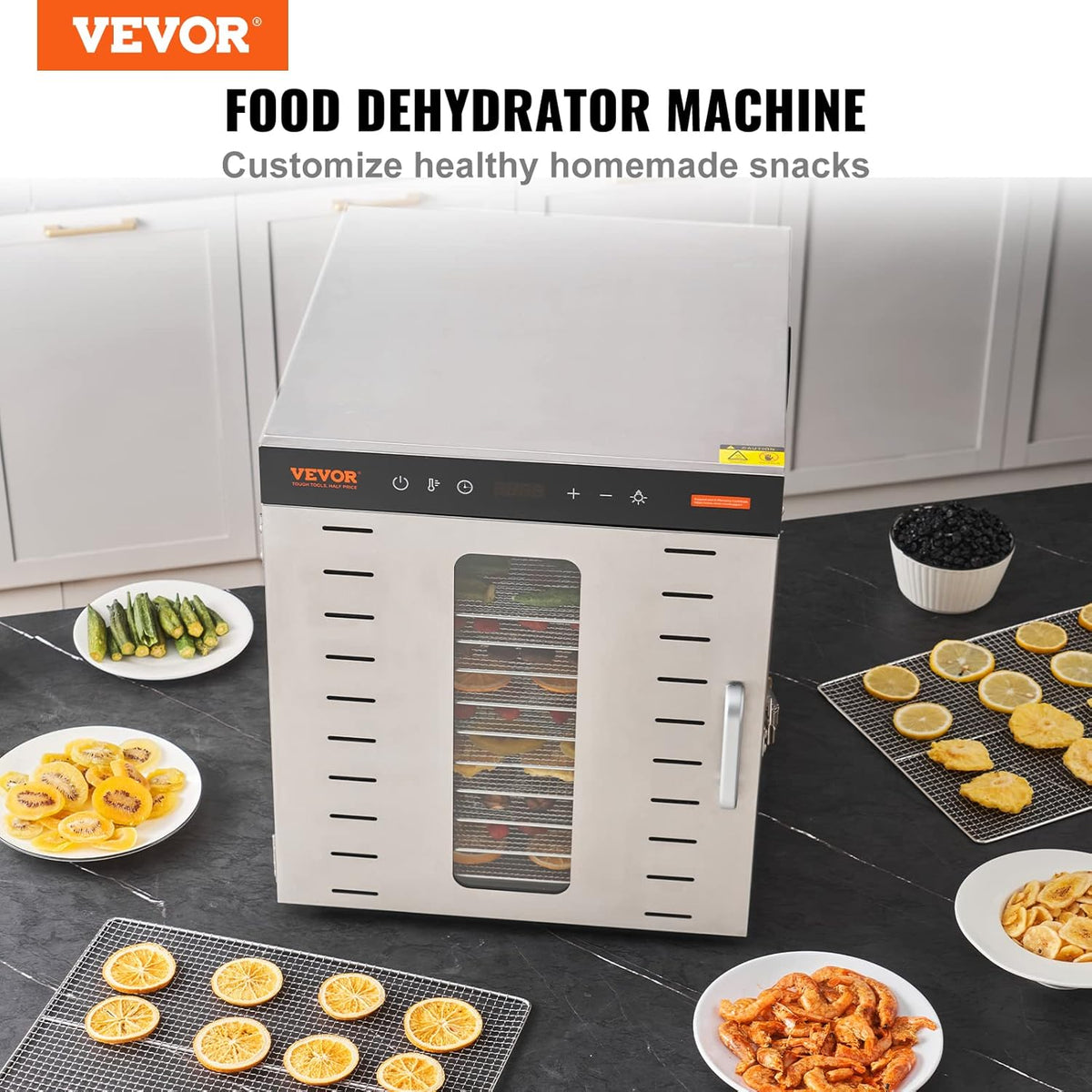 VEVOR Voedseldroger met 10 vakken, roestvrij staal, 1000 W, elektrisch, voor groenten en fruit, instelbare temperatuur van 30 tot 90 °C, timer, 0,5-48 uur, voor kruiden, vlees