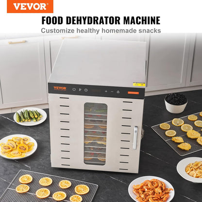 VEVOR Voedseldroger met 10 vakken, roestvrij staal, 1000 W, elektrisch, voor groenten en fruit, instelbare temperatuur van 30 tot 90 °C, timer, 0,5-48 uur, voor kruiden, vlees