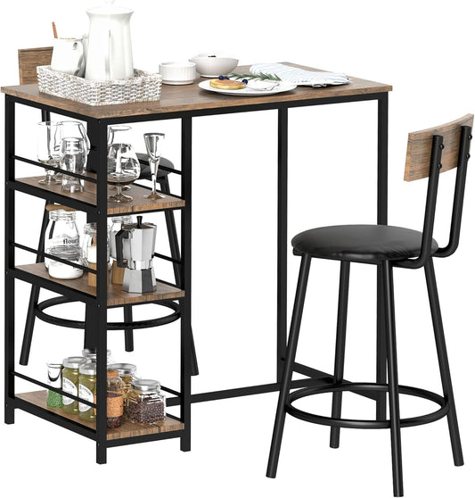 HOMCOM Bartisch mit Barhocker Set, 3-tlg. Bartisch-Set mit Küchentisch, 3 Ablagen, 2 Barstühlen, im Modern-Stil, Essgruppe für Esszimmer, Küche, Stahl, Eiche - QUORE