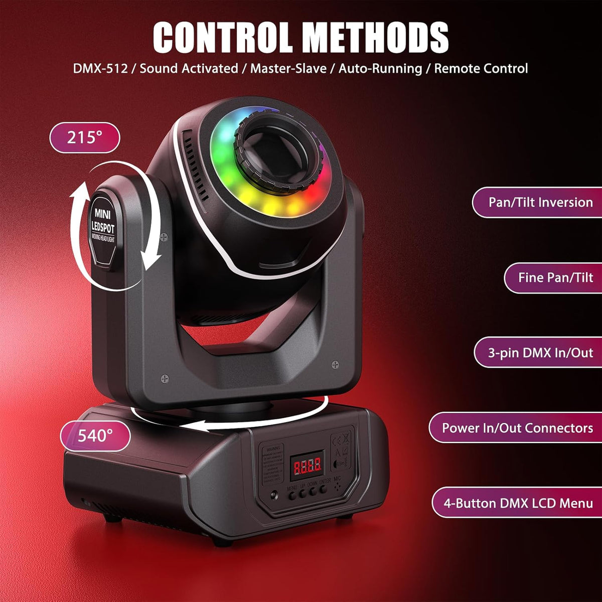 24 W Bewegende Kop Podiumlicht – Moving Head Licht – DJ Spot – Disco Verlichting – Feestverlichting – 8 Kleuren & 7 Patronen – 540° Pan & 215° Tilt