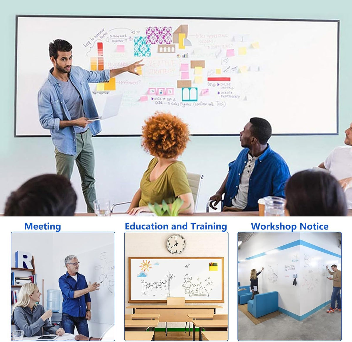Whiteboard Folie, 300 * 100cm, magnetische zelfklevende whiteboard folie, Whiteboard Sticker DIY, inclusief marker, spons en magneten, voor school, kantoor en thuis