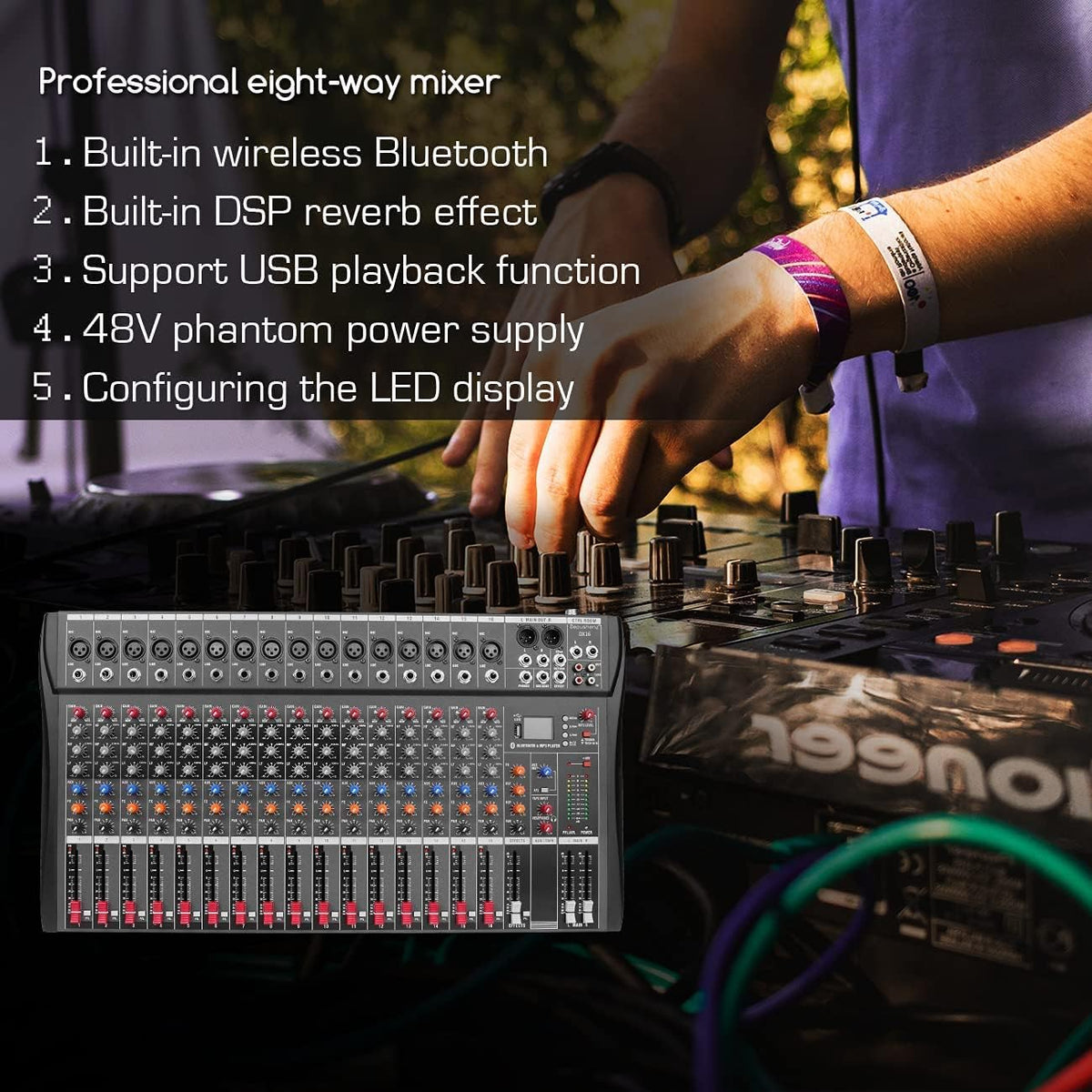 16-Kanaals Audio Mixer – Mengpaneel – Audiomixconsole – Geluidscontroller – Soundboard – Bluetooth En USB-Aansluiting – XLR-Microfooningangen Met 48V Fantoomvoeding