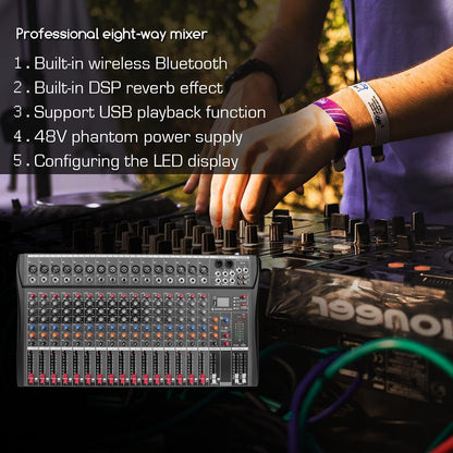 16-Kanaals Audio Mixer – Mengpaneel – Audiomixconsole – Geluidscontroller – Soundboard – Bluetooth En USB-Aansluiting – XLR-Microfooningangen Met 48V Fantoomvoeding